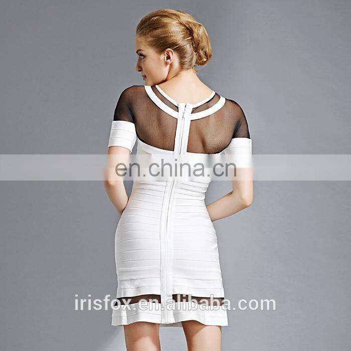 Ivory Short Cocktail Dress Black Mesh Bandage party gowns with sleeves