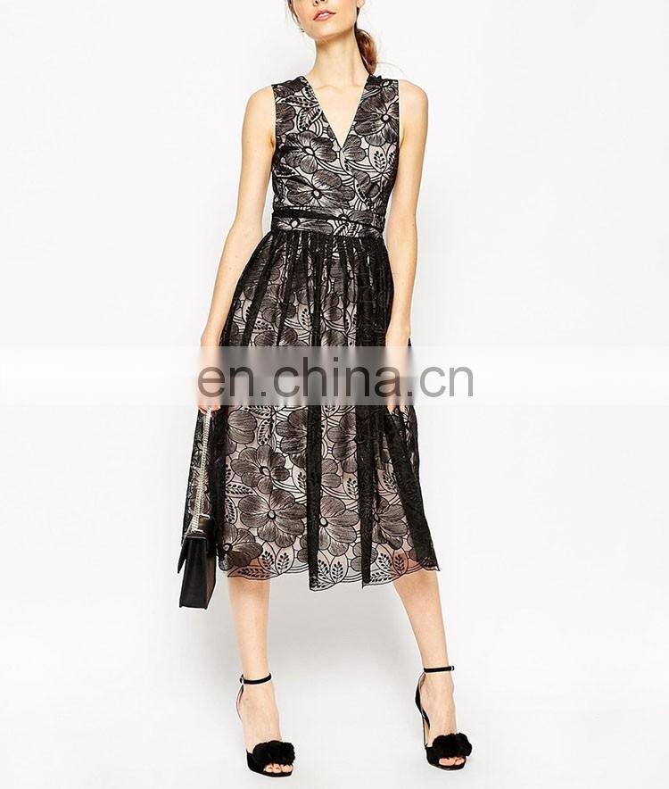 2016 Latest Style Organza Cut-out Back V-neckline Fashion Floral Lace Midi Prom Dress