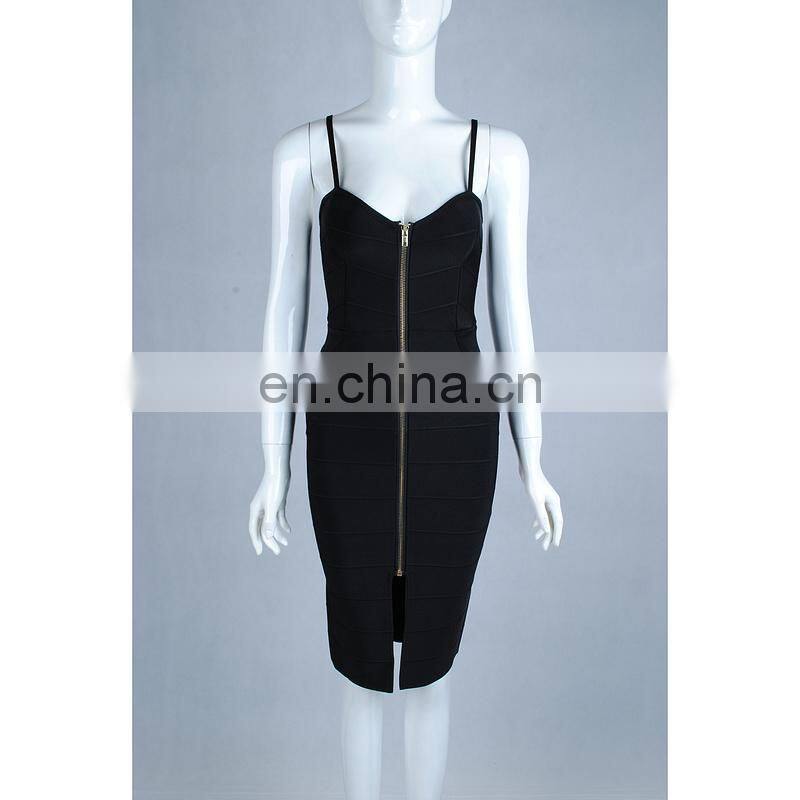 Amigo 2017 new design black spaghetti strap slit midi bandage dress sexy evening dresses for girls party