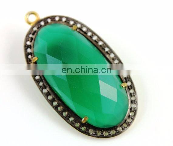 Green Onyx Pave Set in White Topaz, Gold Vermeil Over Sterling Silver, 34x21 mm,1 Piece