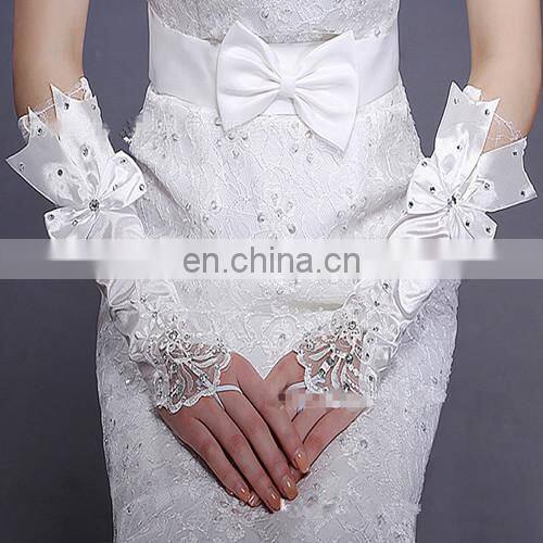 Latest Satin Elbow Length Bridal Glove Pearl Beaded &Rhinestone Big Bows With Lace Fingerless Gloves For Wedding Dress