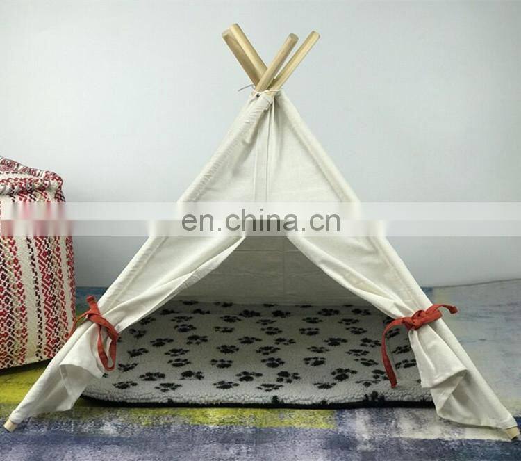 Pet Teepee Tent for Dogs Cats Portable Foldable Cotton Canvas Pets House Bed for Rabbit Puppy 4 Poles Pine Wooden with Floor Whi