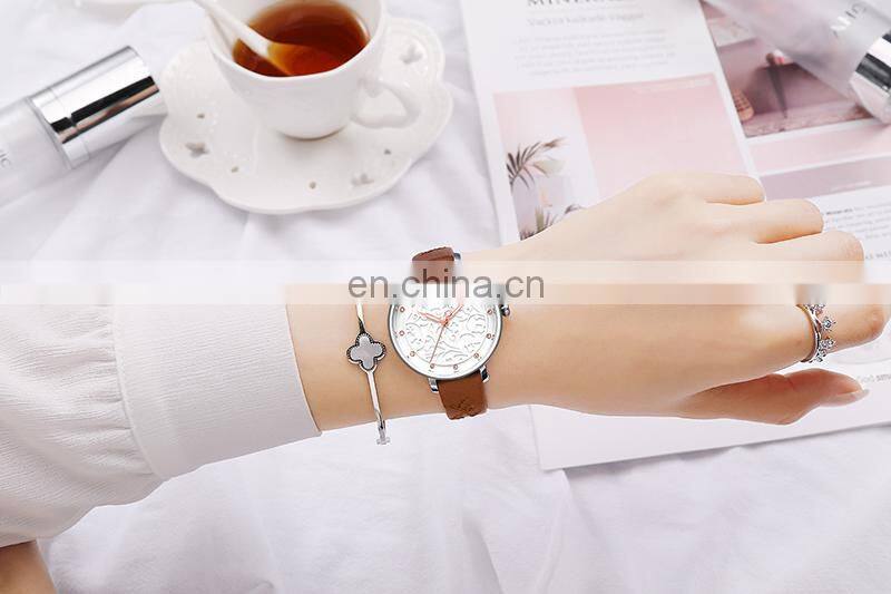 CURREN 9046 Women Simple Flower Pattern Elegant Watches Ultra Thin Dial Quartz Leather Fashion Wristwatch