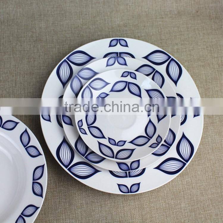 10.5 inch broadside round shape porcelain white glazed blue lotus flower decrated inexpensive Hebei factory 20PCS ceramic dinner