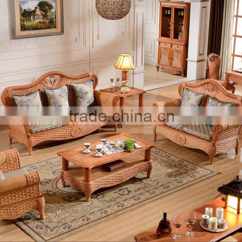 2015 High Quality Indoor bamboo Cane 123 sofa sets Vintage Rattan Furniture for salon