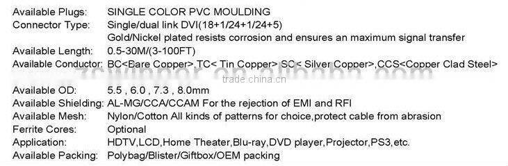 Metal shell assembly DVI-DVI Single Link Cable for Display Device, Projectors Etc