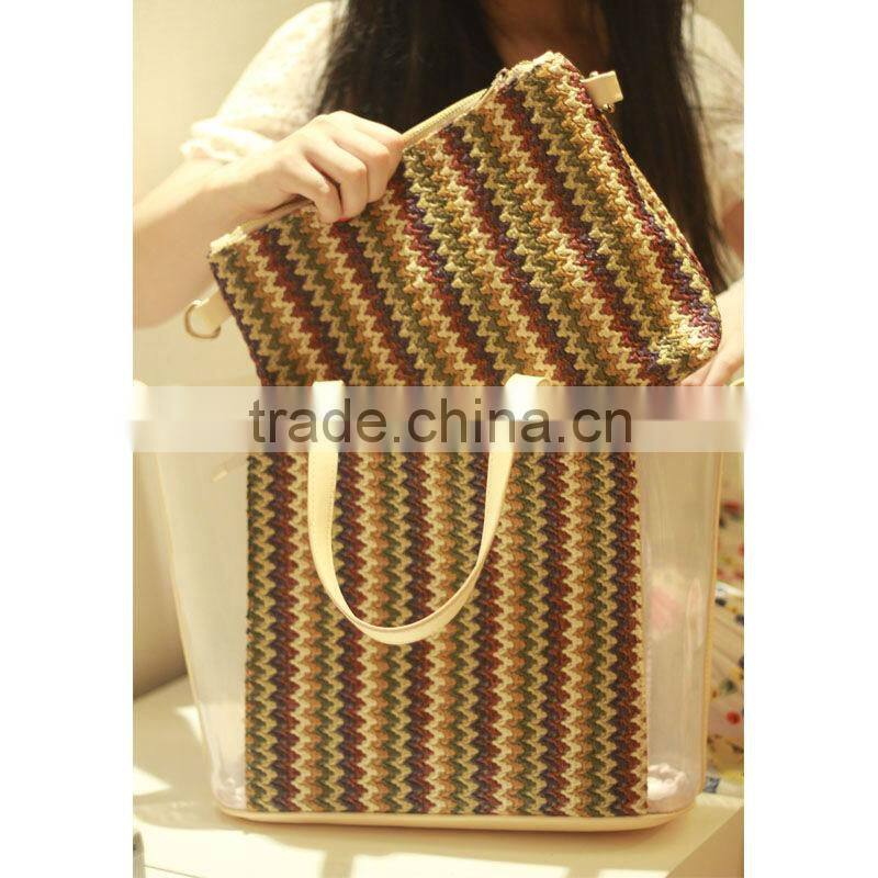 2013 clear pvc split joint with woven material ladies woven beach bag