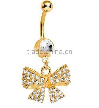Gold Clear Gem Girly Bow Dangle Belly Ring