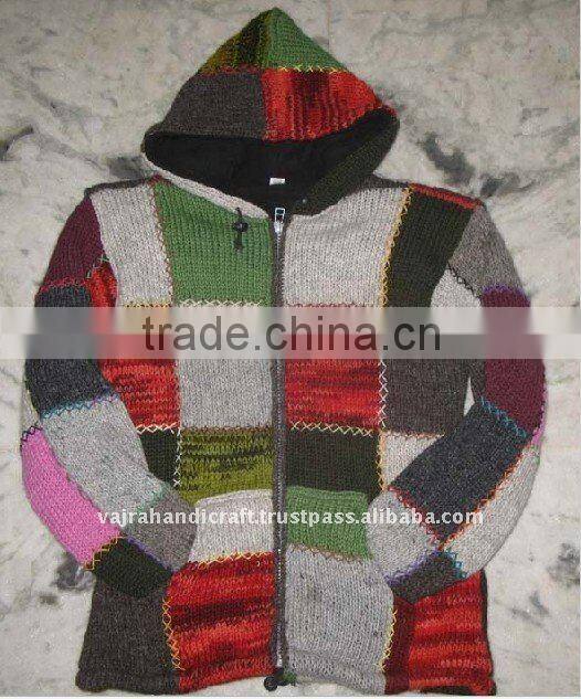 Black Printed Hand Knit Wool Inner Fleece Hoody Winter Men Thick Sweater