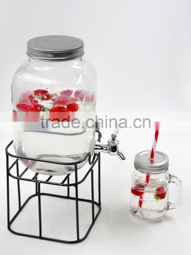 Wholesale Glass Beverage Dispenser Water bottle with iron stand 3L