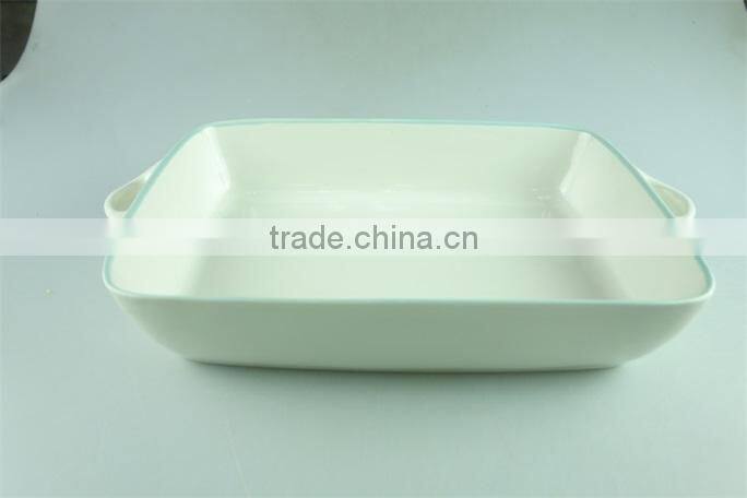 Enamel ceramic baking dish white green line decor serving dish rectangular with handle