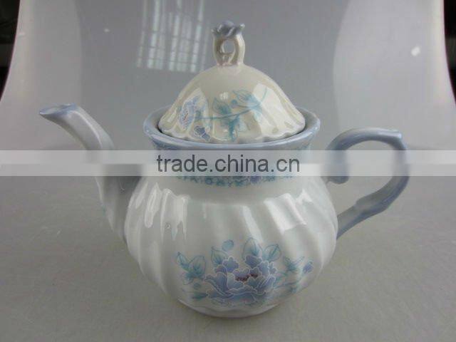 Stock white porcelain teapot with blue decal design