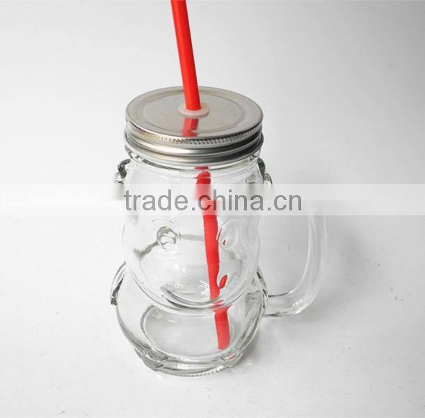 16 oz monkey shape embossed glass beverage jar with lid and straw