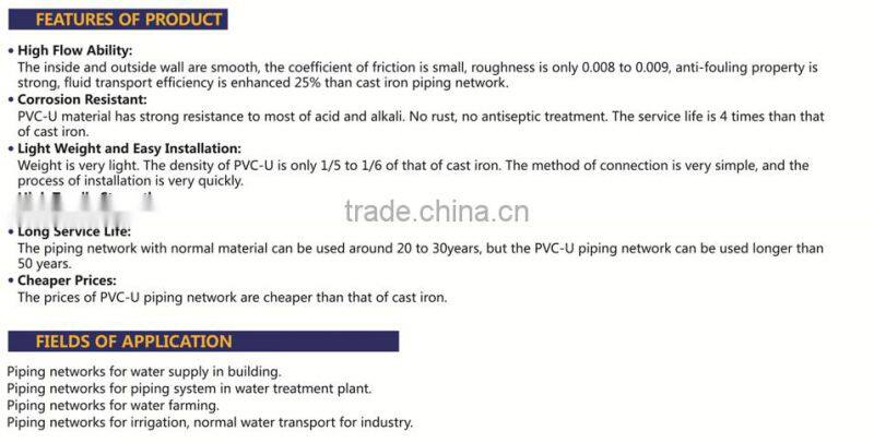 HIGH QUANLITY UNION OF PVC GB INDUSTRIAL PRESSURE PIPES & FITTINGS FOR WATER SUPPLY