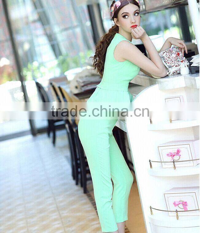 New summer V neck green color ruffled top with slim fitted top and pants suit fashion matching set