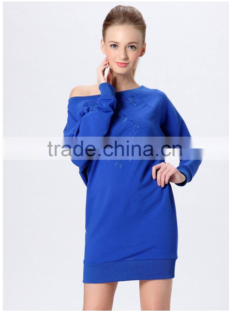 Custom nice embroidered french terry long sleeve casualone shoulder dress fashion for ladies