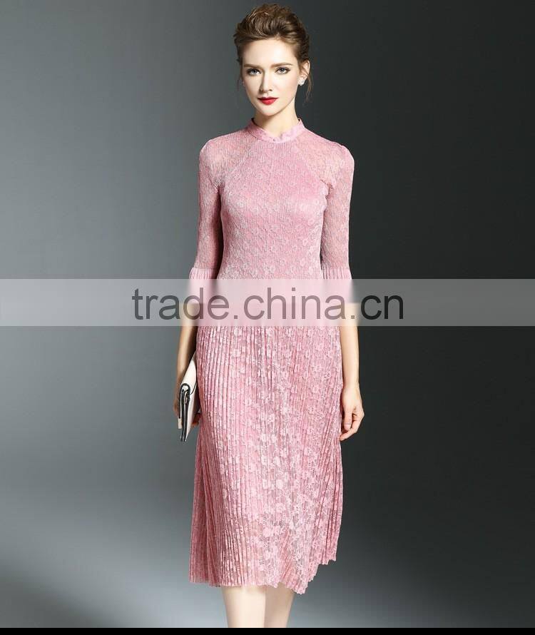 Elegant lady lace hollow out embroidery A-line pleated fold lace dress