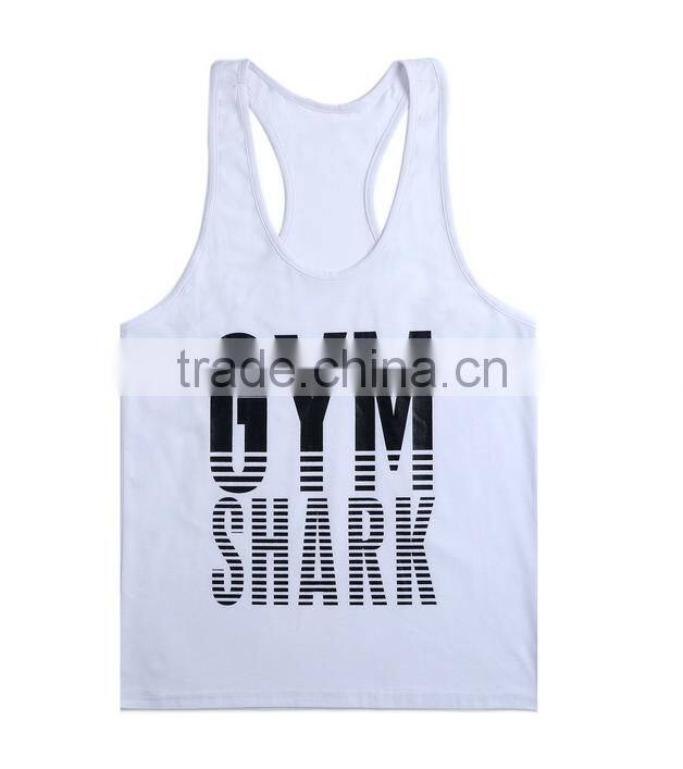 Customized OEM Brand Logo GYM Shark Sleeveless Fitness Sportwear GYM Vest Cotton Stringer Bodybuilding Men GYM Shark Tank Top