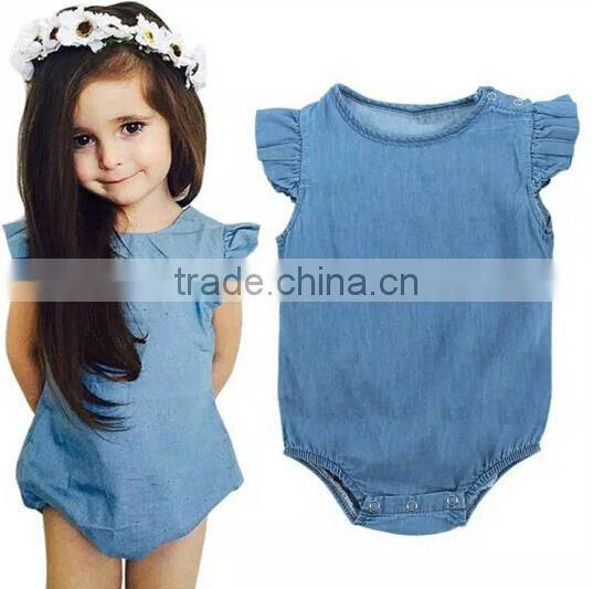 wholesale baby clothes romper summer flutter sleeve cotton denim baby girl romper