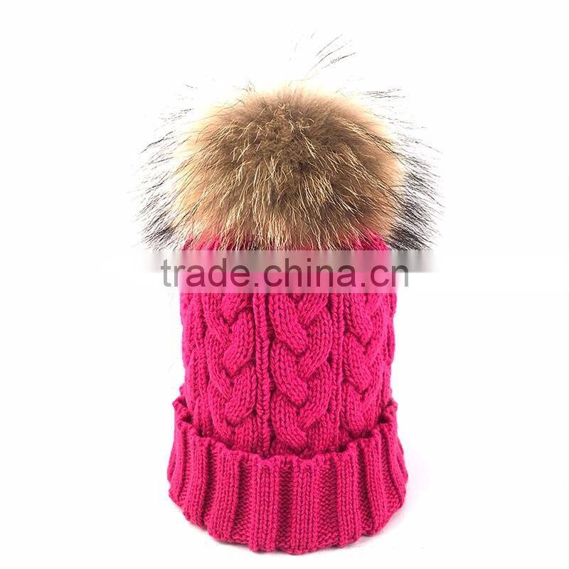 Myfur Hot Pink Knitting Hat with Real Genuine Raccoon Fur Bobble