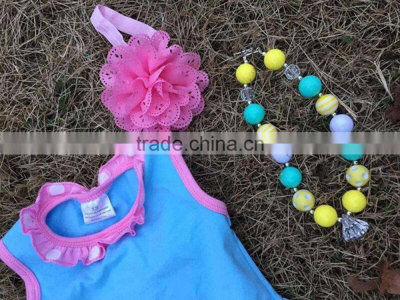 2015 new baby girl blue & yellow easter stripe pant set outfits with matching necklace and headband