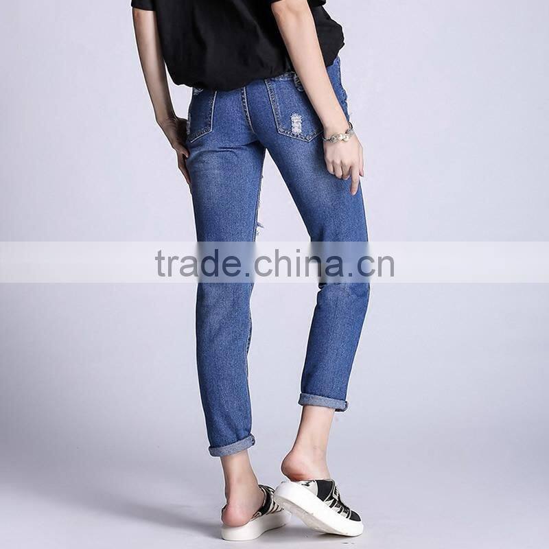 2017 Newest ladies plus size frayed Solid jeans pants
