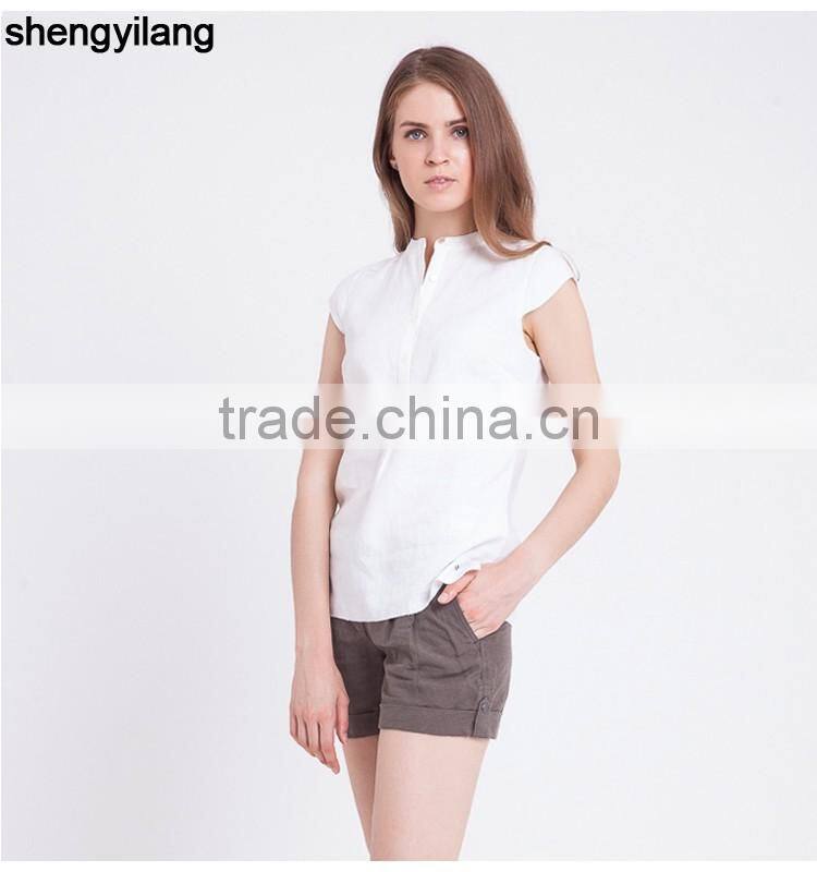 High quality blouse 100% linen shirts for women wholesale short-sleeved linen shirt in guangzhou