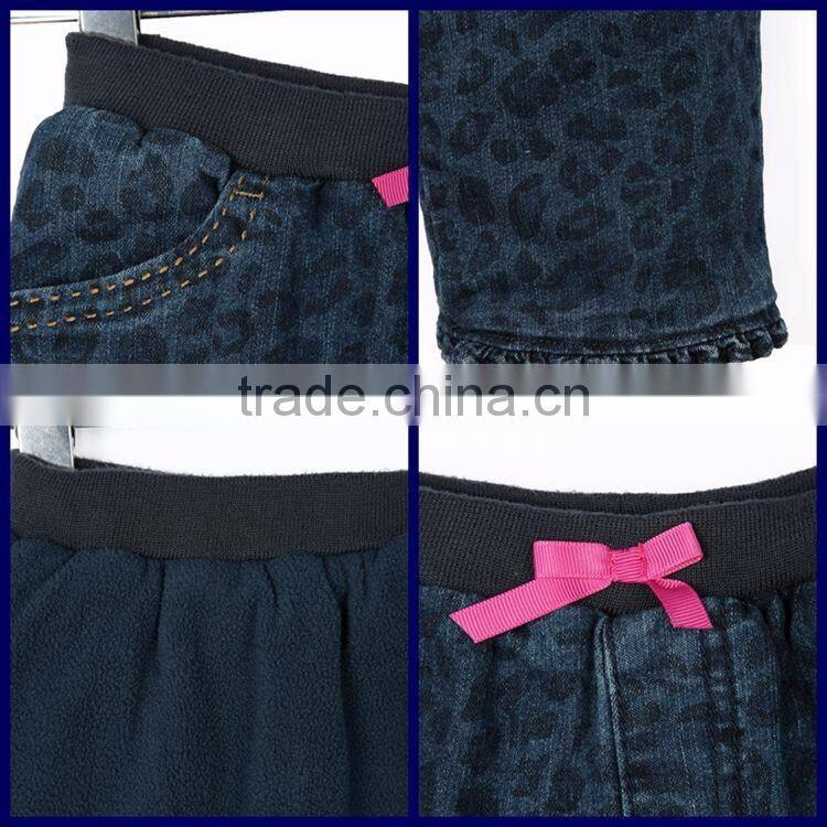 2017 Guangzhou Apparel factory pink bow - kont warm fleece kids ruffle printed jeans pants