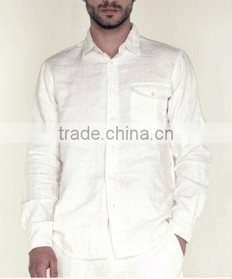 100%linen long sleeve khaki color shirts for men with spread collar and one pocket