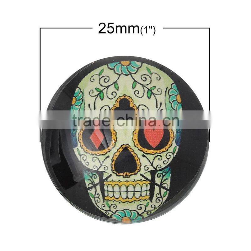 Glass Dome Cabochon Round Flatback Black Halloween Skull Pattern 25mm(1") Dia,20PCs