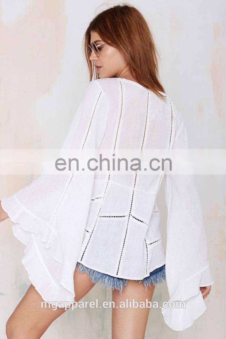 new fashion white 100 cotton top sheer top bell sleeve top selling products in alibaba