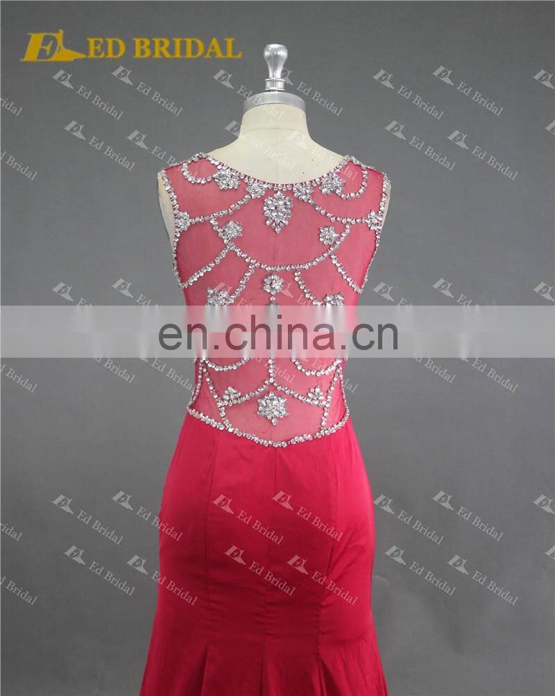 Real Sample Sexy See Through Back Beaded Side Slit Red Formal Gown Evening Dress