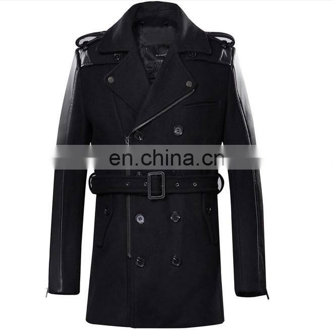 Fashion Design European Style Front Zipper Men Woolen Leather Sleeve Trench Coat With Belt