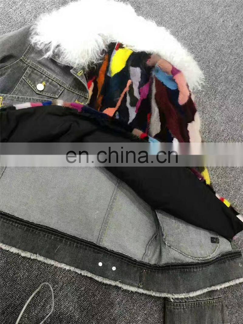 2016 Top Fashion Real Lamb Fur Collar Denim Parka with Hood Women Fur