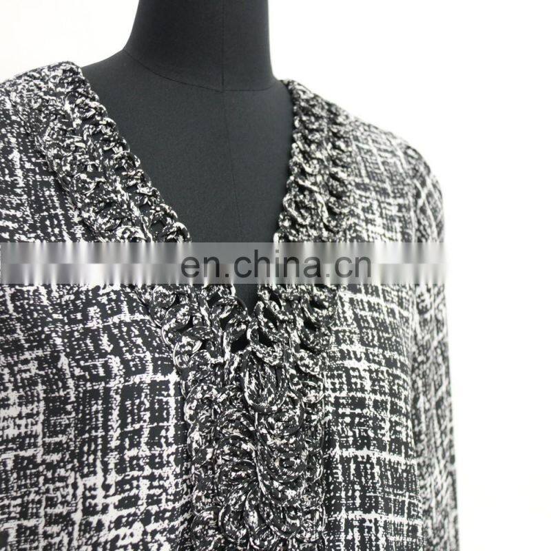 women elastic cuff hem braided collar abstract print blouse