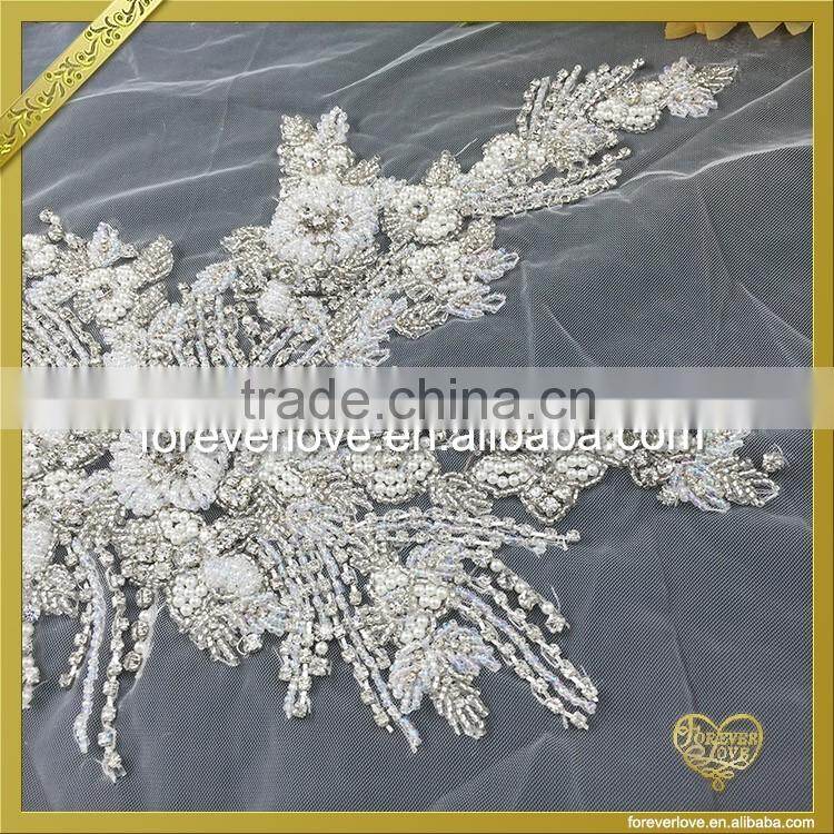 Lace Base Sew On Rhinestone Pearl Beaded Appliques Bridal Wedding Dress Appliques FHA-058