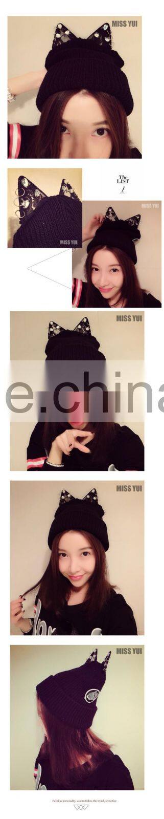 Hot Selling Super Star Rihanna Same Style Lace Cat Ear with Jewelry Embroidery Ladies Hat