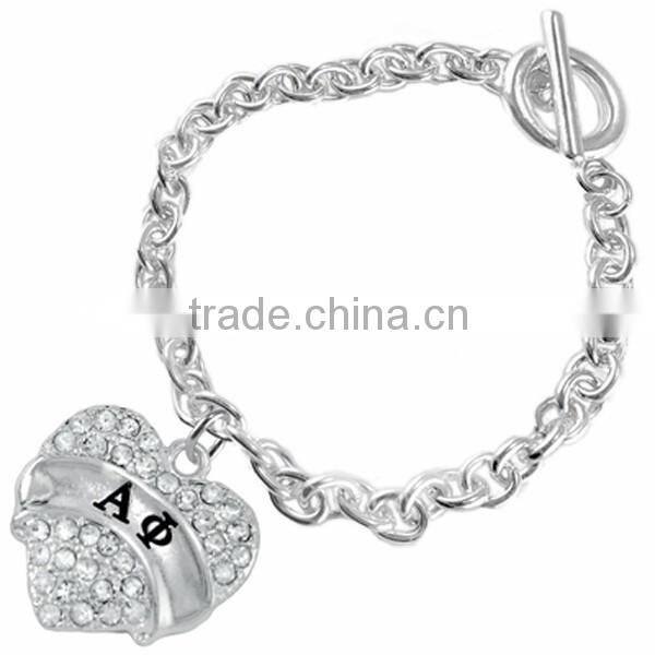 Genuine Austrian Clear Crystal "Alpha Phi" Greek Sorority Heart Charm Chain Link Bracelet