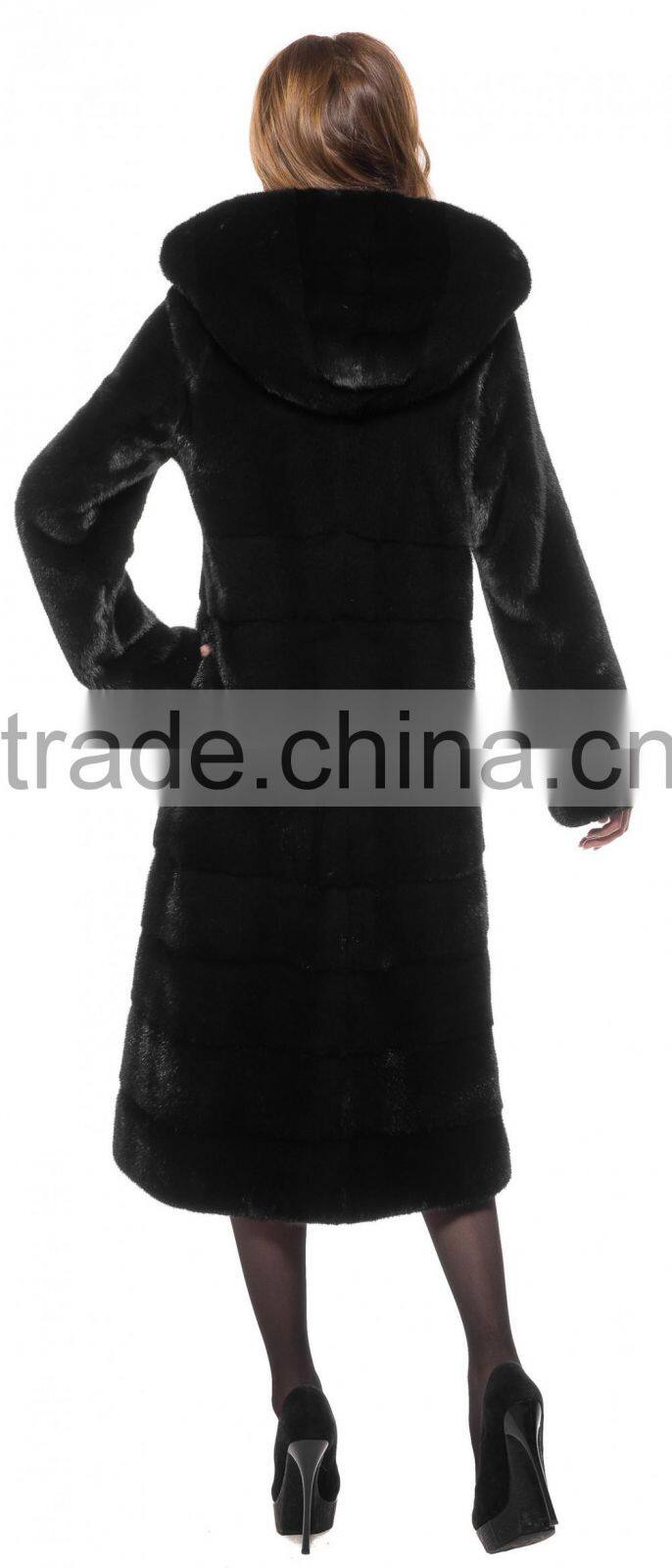 emk1456 real natural mink fur coat with hood black knee-length