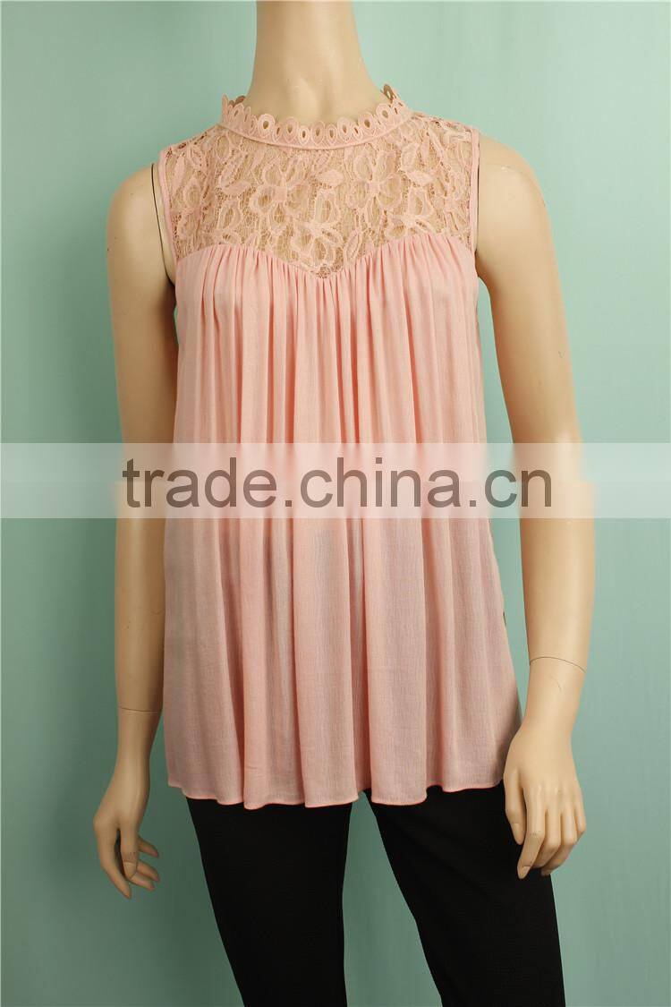 2016 S/S lace neck women sleeveless pink summer pleated blouse