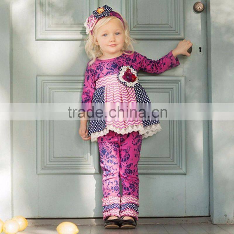 2016 hot sale fall winter floral print matching black leggings little girls boutique outfit