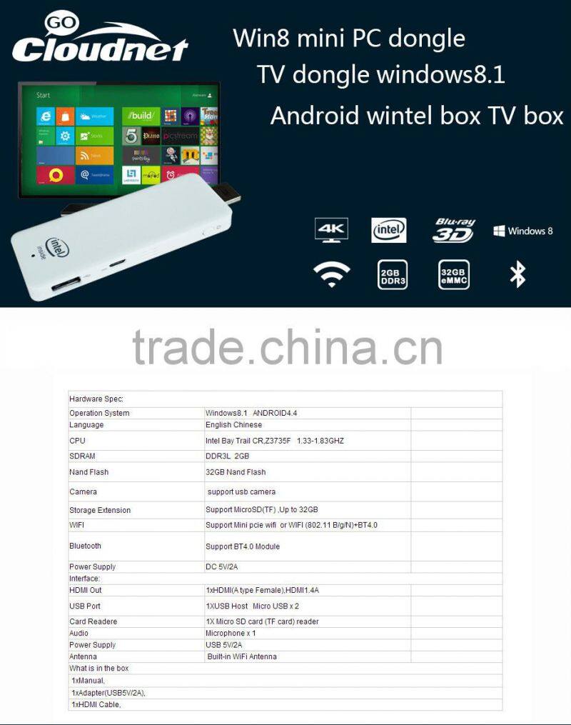 New Cloudnetgo Hot Intel Quad Core Z3735Fwindows mini pc TV dongle windows8.1 Android Ubantu set top box Computer Stick