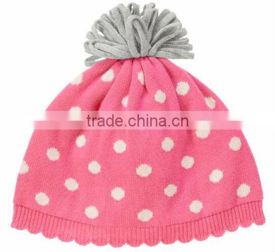 knitted pink dots cap with pom pom