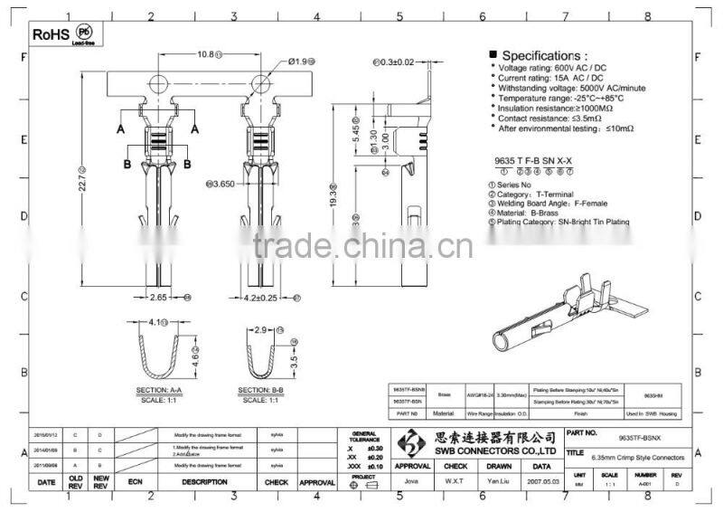 6.35 MM Pitch wire to board electrical connectors with buckle