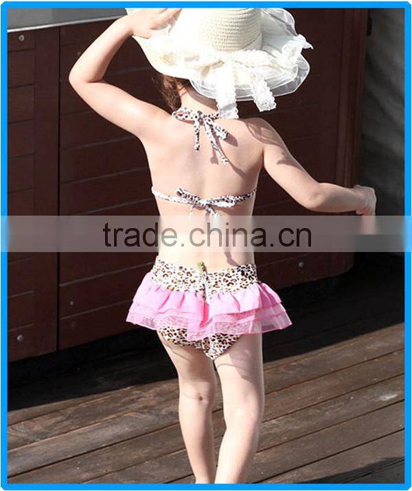 Domi wholesale 2 piece kid's leopard swimwear hot selling kids string bikini with cute skirt and cap