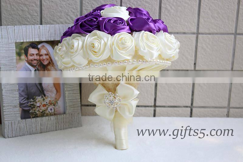 Elegant Purple Satin Ribbon Pearls Bridal Bouquet Bridesmaids Bouquet Wedding Flowers