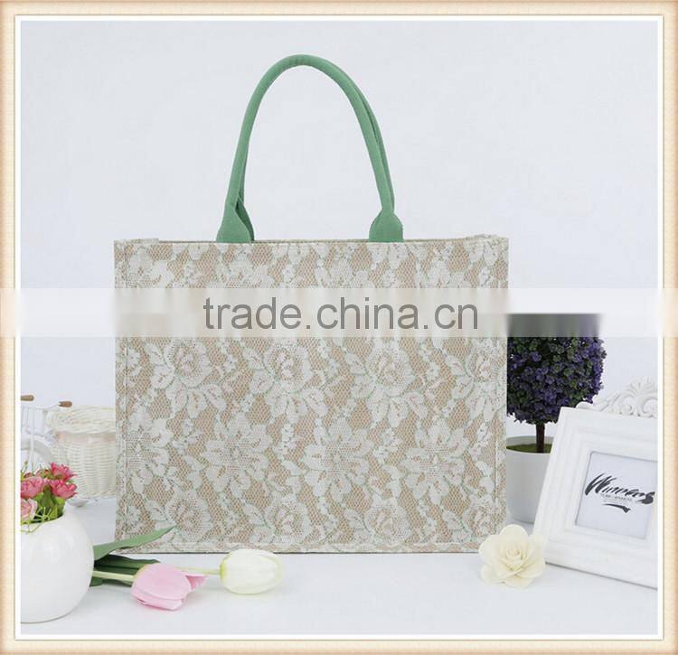 2015 fashion jute shopping bag with lace cover