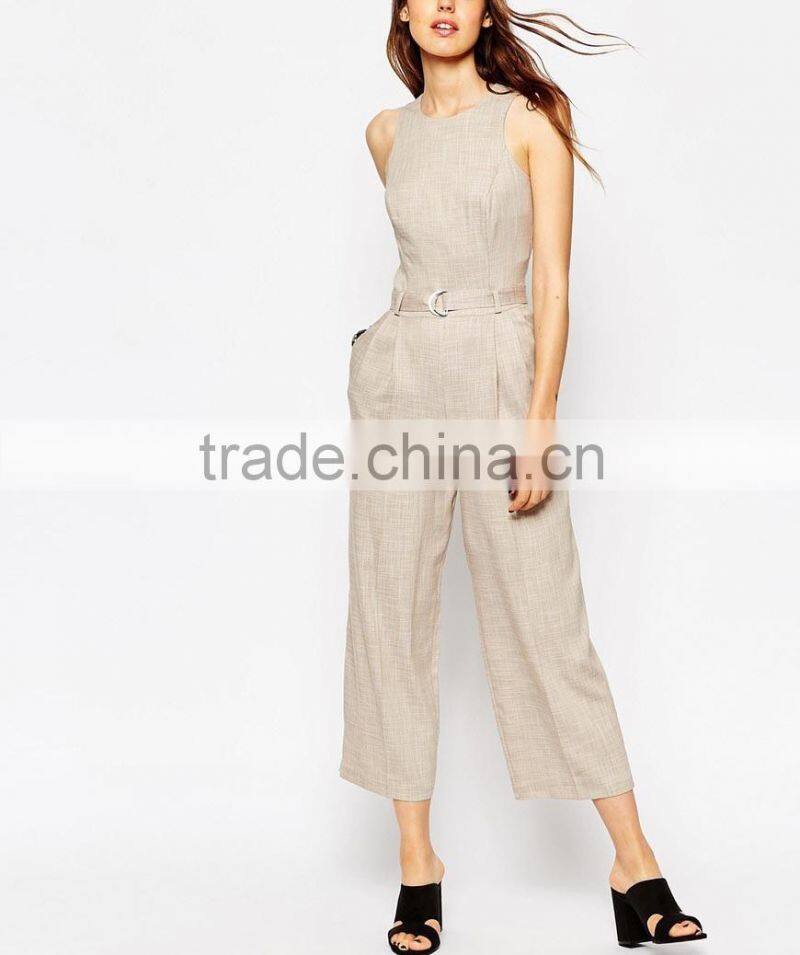 Linen round neckline sleeveless belt waist made in china long jumpsuit
