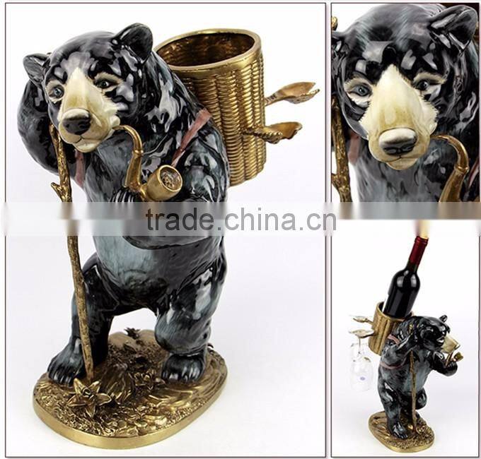 Lovely Ceramic Bear Carring Bronze Basket Decorative Wine Bottle & Glasses Holder, Imitated Porcelain Bear With Brass Wine Rack