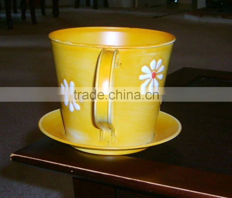 customizedl mug ,Yellow Metal Cup and Saucer Pot Container Planter